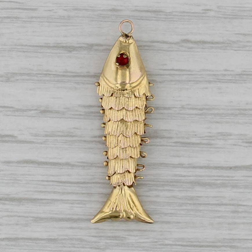Articulating Fish Pendant 14k Yellow Gold Charm Red Glass Eye