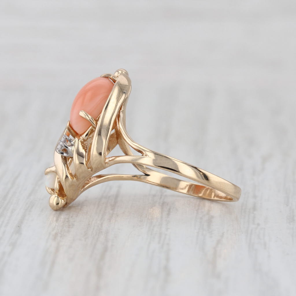 Opal Coral Navette Cabochon Diamond Ring 14k Yellow Gold Size 8