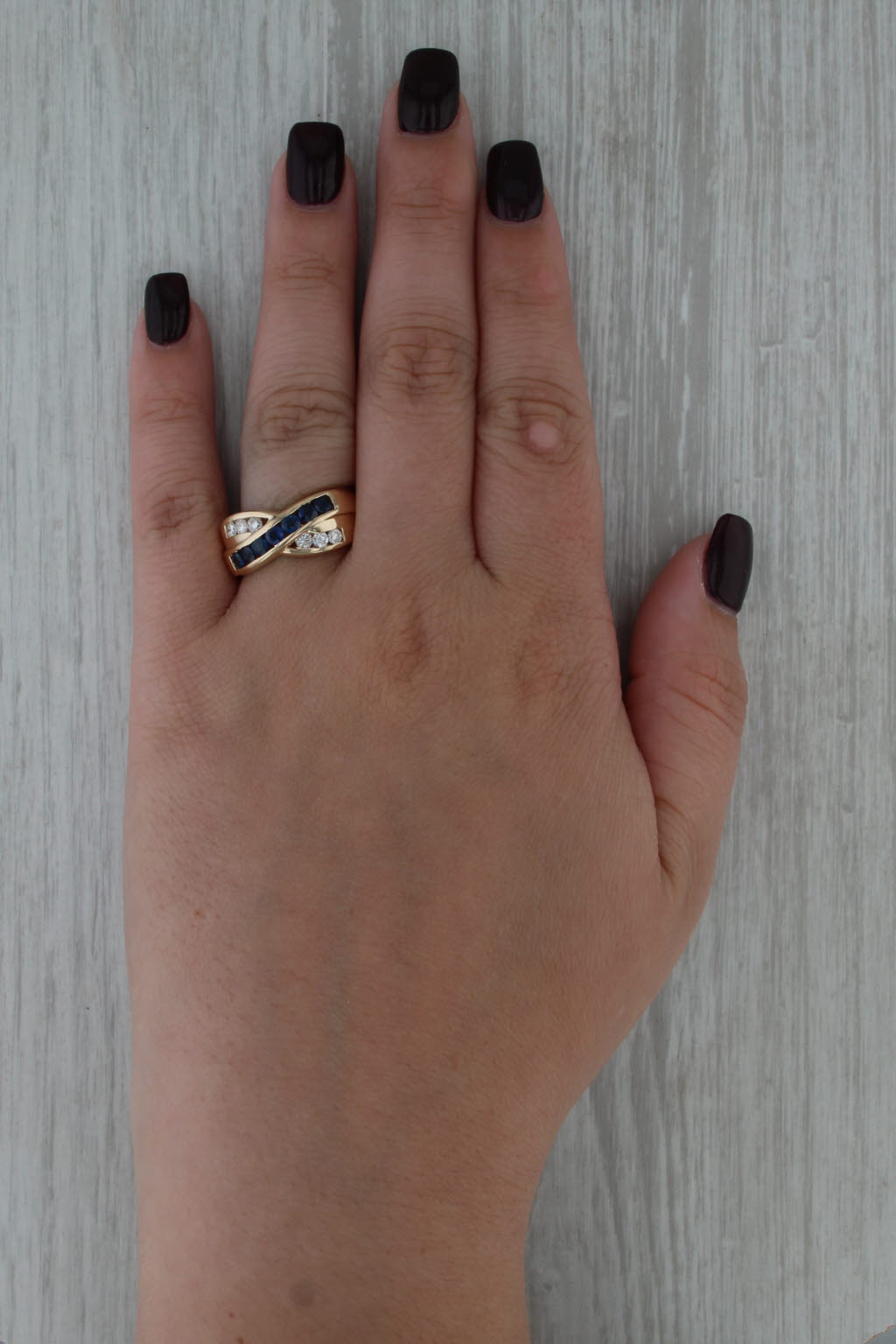 1.26ctw Blue Sapphire Diamond Crossover Ring 14k Yellow Gold Size 9