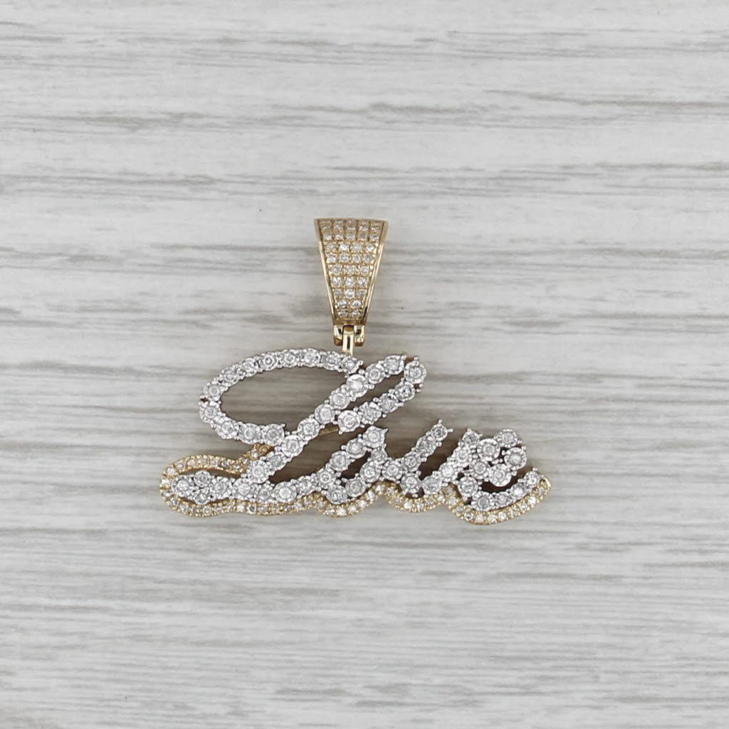 0.55ctw Diamond Cursive Love Pendant 10k Yellow White Gold Statement