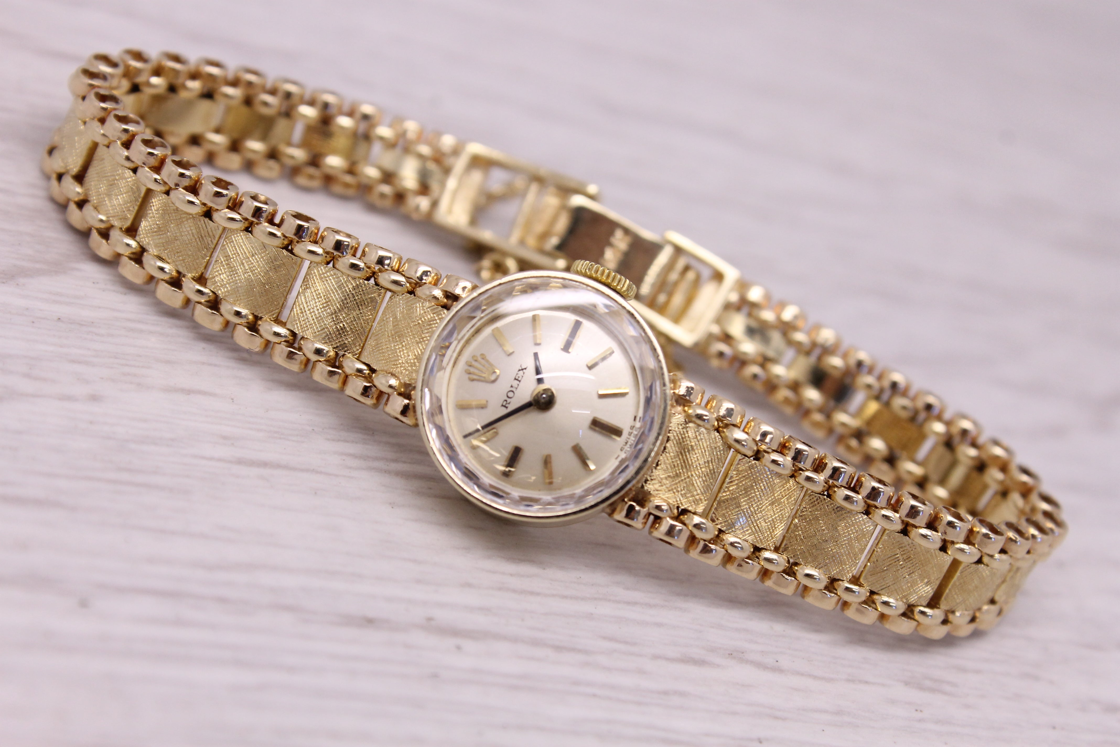 Gray Vintage c.1960 Rolex 14k Yellow Gold Ladies Cocktail Bracelet Watch - Serviced -