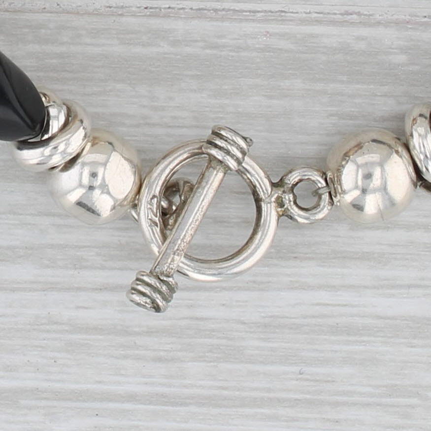Gray Jasper Onyx Obsidian Bead Statement Necklace Sterling Silver 23" Toggle Clasp