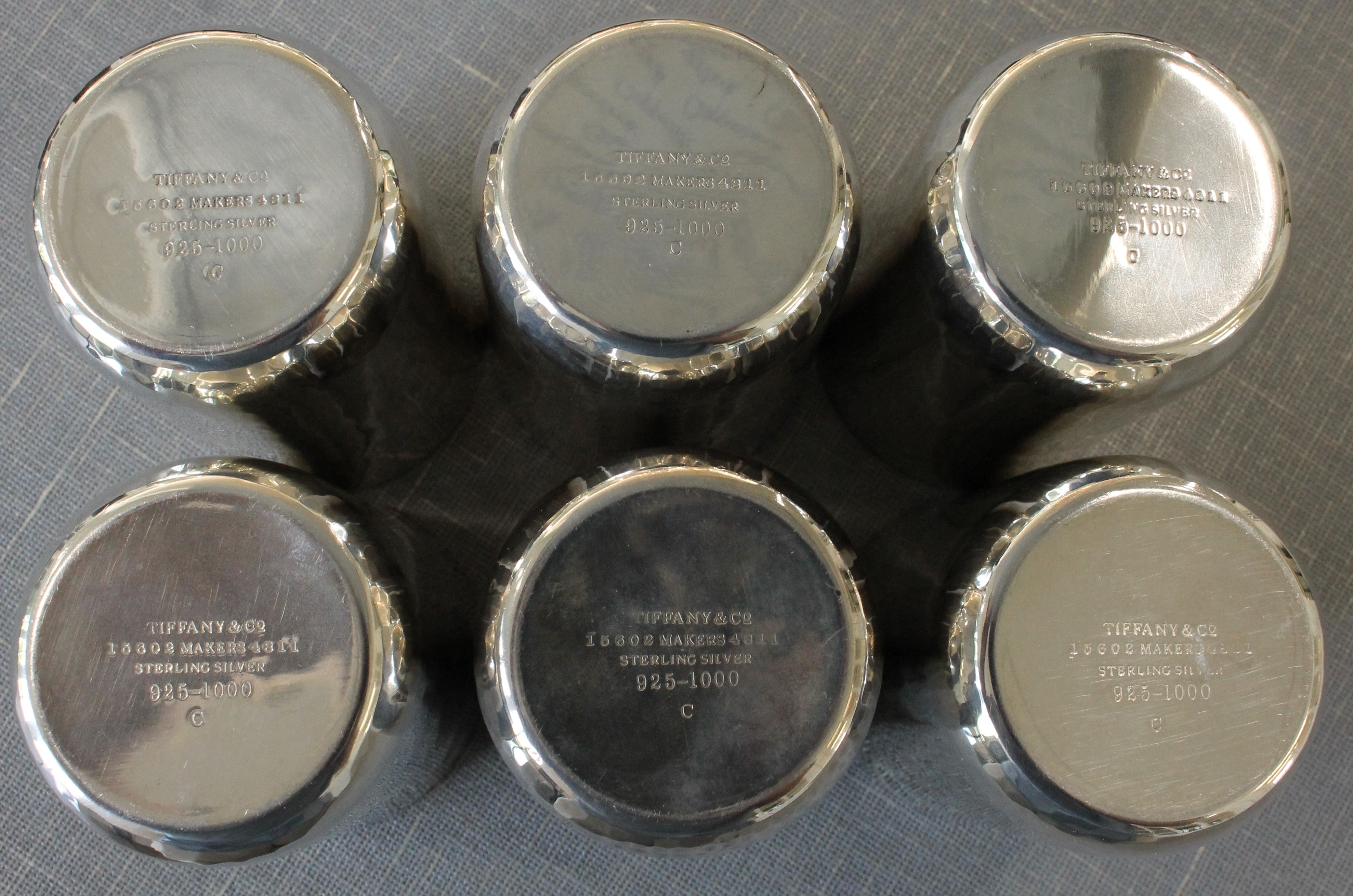 Dim Gray Tiffany & Co Set of 6 Goblets Sterling Silver 15602 4811 Hammered Cups Vintage