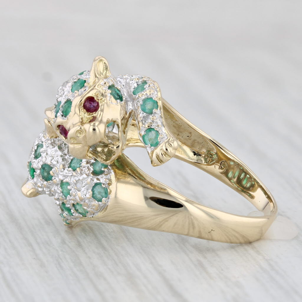 Light Gray 0.76ctw Emerald Ruby Diamond Panther Ring 14k Yellow Gold Size 6.5