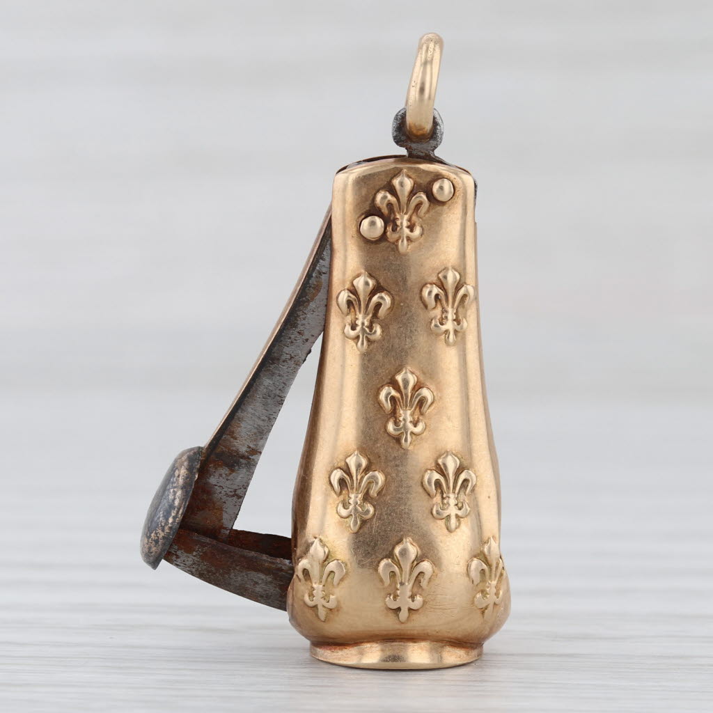 Antique Cigar Cutter Fleur De Lis Pendant 14k Yellow Gold Steel Opens Fob
