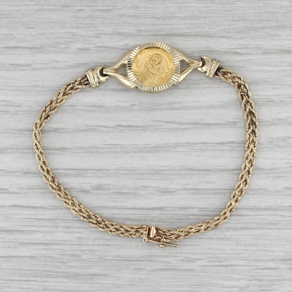 1990 1/20oz Chinese Panda Coin Bracelet 14k 24k 999 Gold 7.25" Rope Chain