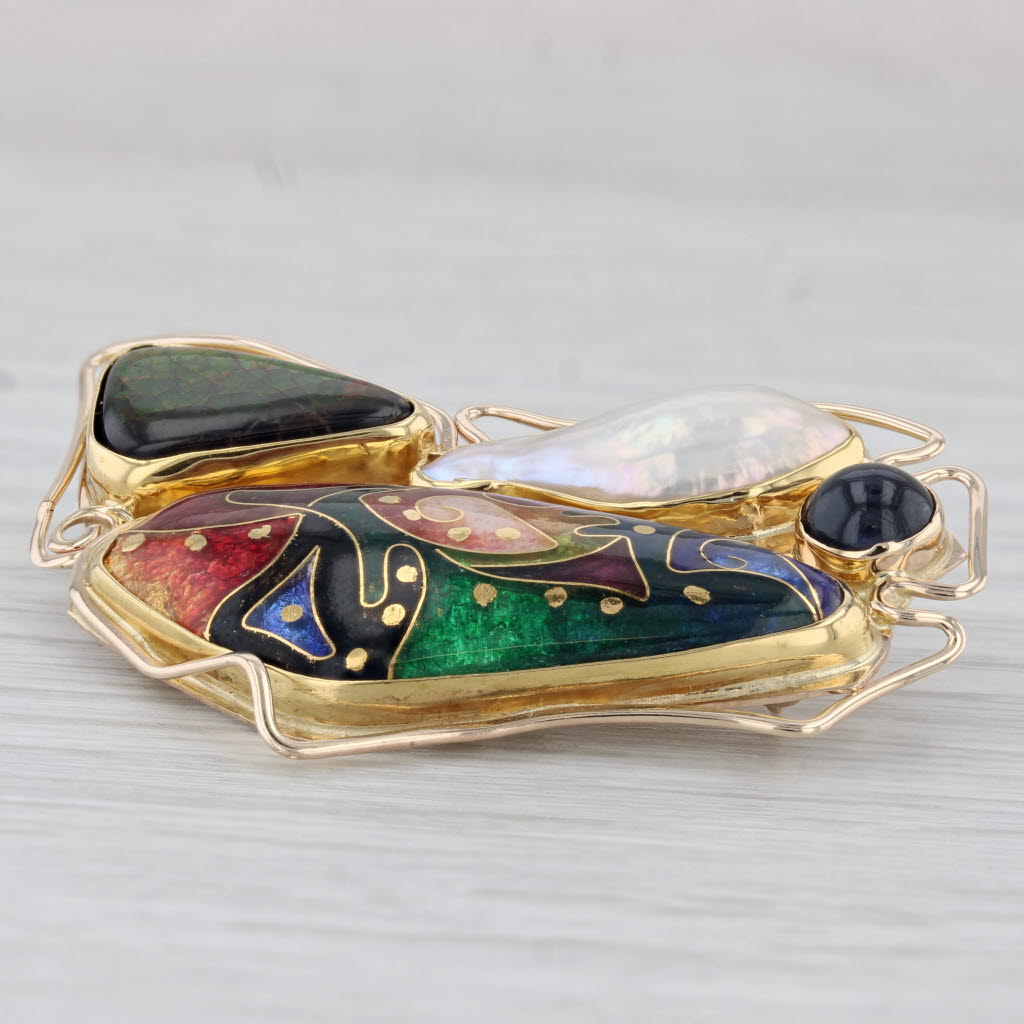 Light Gray Cloisonne Baroque Pearl Ammonite Iolite Brooch Pendant 14k Yellow Gold Pin
