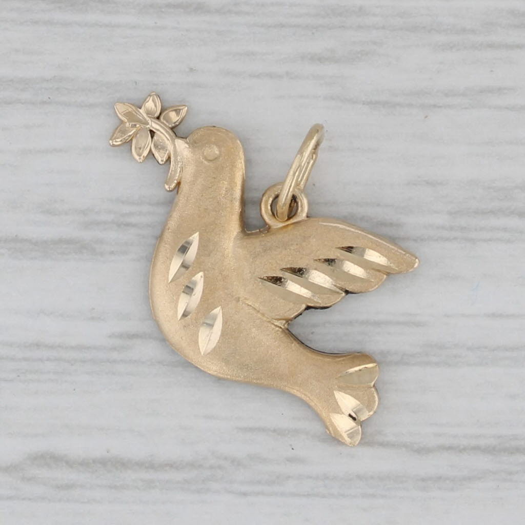 Gray Small Textured Peace Dove Pendant 14K Yellow Gold Charm