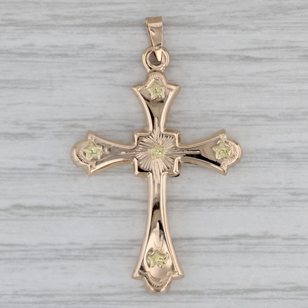 Gray Floral Cross Pendant 14k Yellow Green Gold Vintage Religious Jewelry