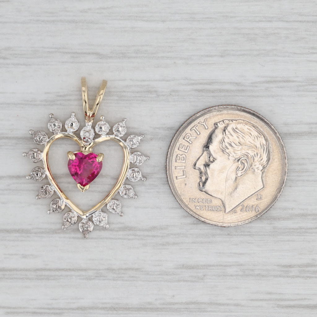 Lab Created Ruby Diamond Framed Open Heart Pendant 10k Yellow Gold