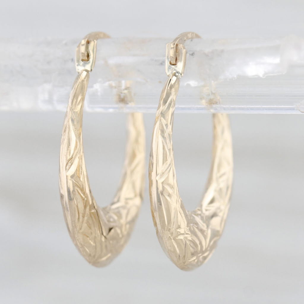 Small Etched Hoop Earrings 10k Yellow Gold Snap Top Post Round Hoops 18 x 2.5 mm