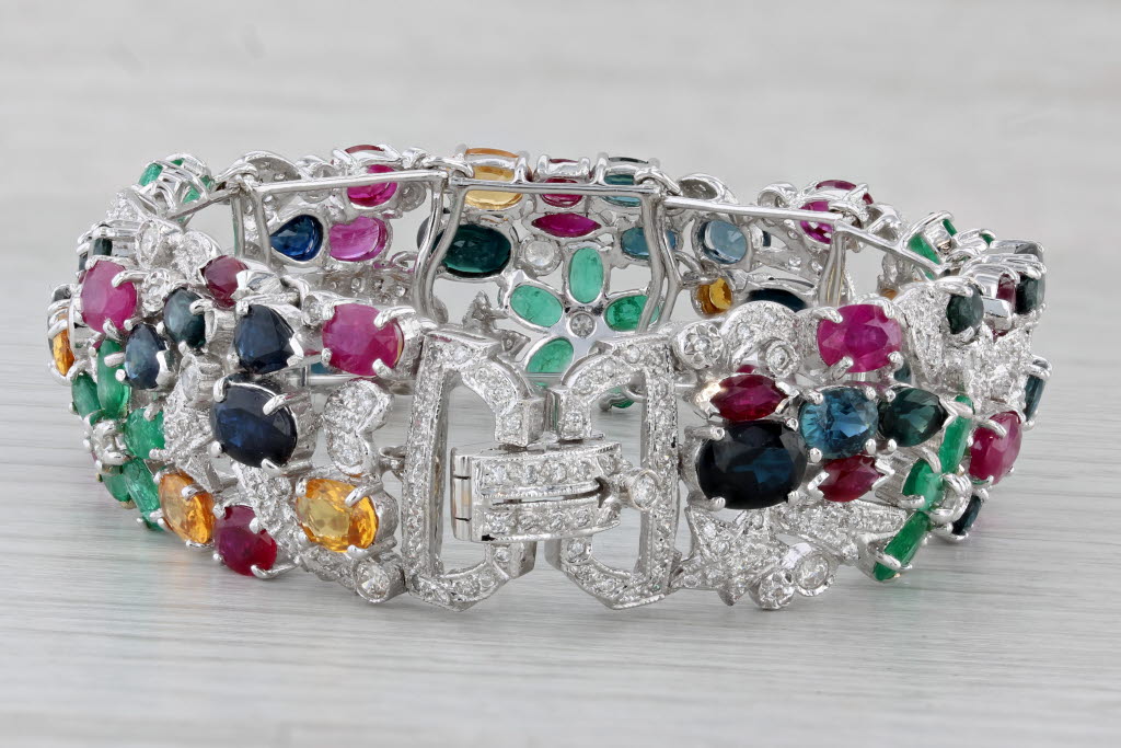 Gray 38.38ctw Tutti Frutti Gemstone Bracelet 18k Gold Ruby Emerald Sapphire Diamond