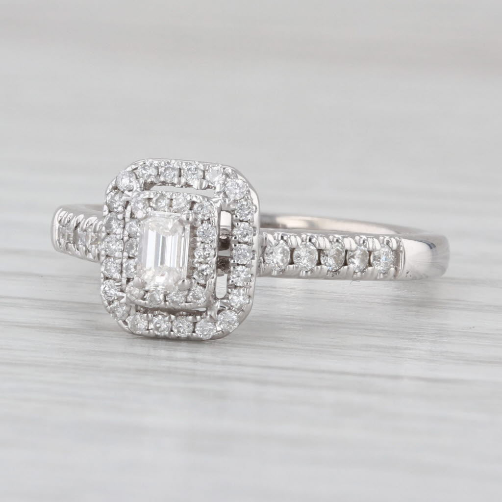 0.42ctw Diamond Halo Engagement Ring 14k White Gold Size 7 Emerald Cut