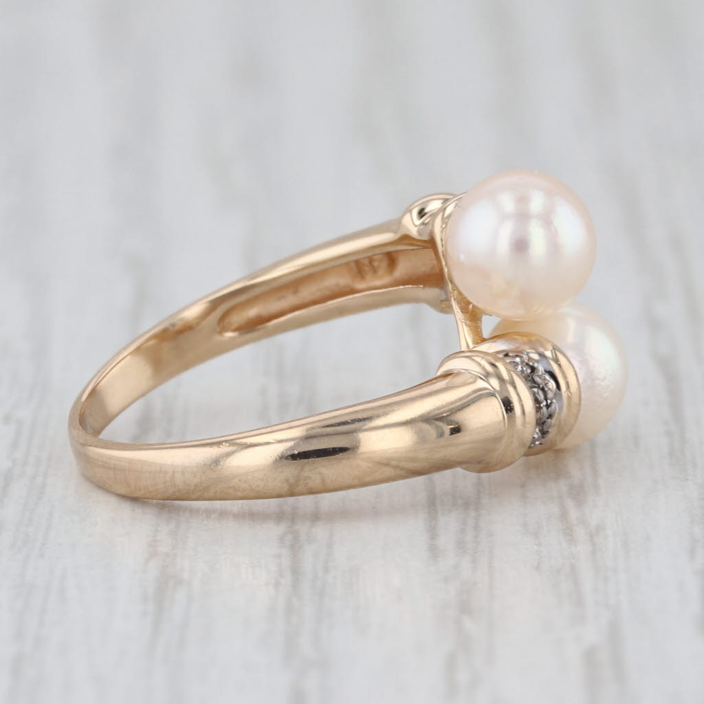 Cultured Pearl Bypass Ring 14k Yellow Gold Size 6.75 Diamond Accents