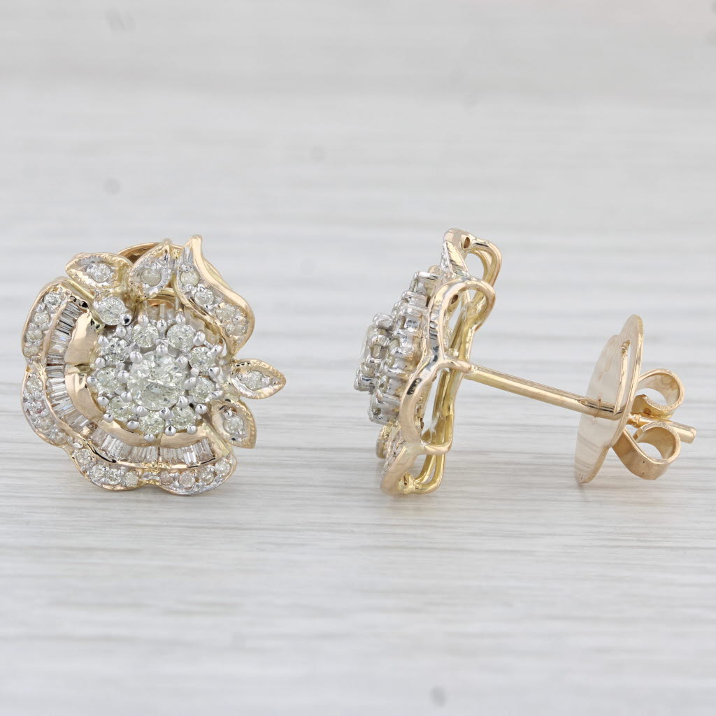 Light Gray 1.48ctw Diamond Flower Stud Statement Earrings 14k Yellow Gold