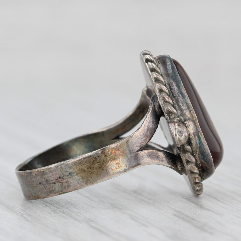 Light Gray Fire Agate Pear Cabochon Ring Sterling Silver Vintage Native American Size 8.5
