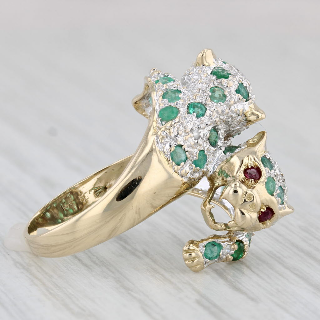 Light Gray 0.76ctw Emerald Ruby Diamond Panther Ring 14k Yellow Gold Size 6.5