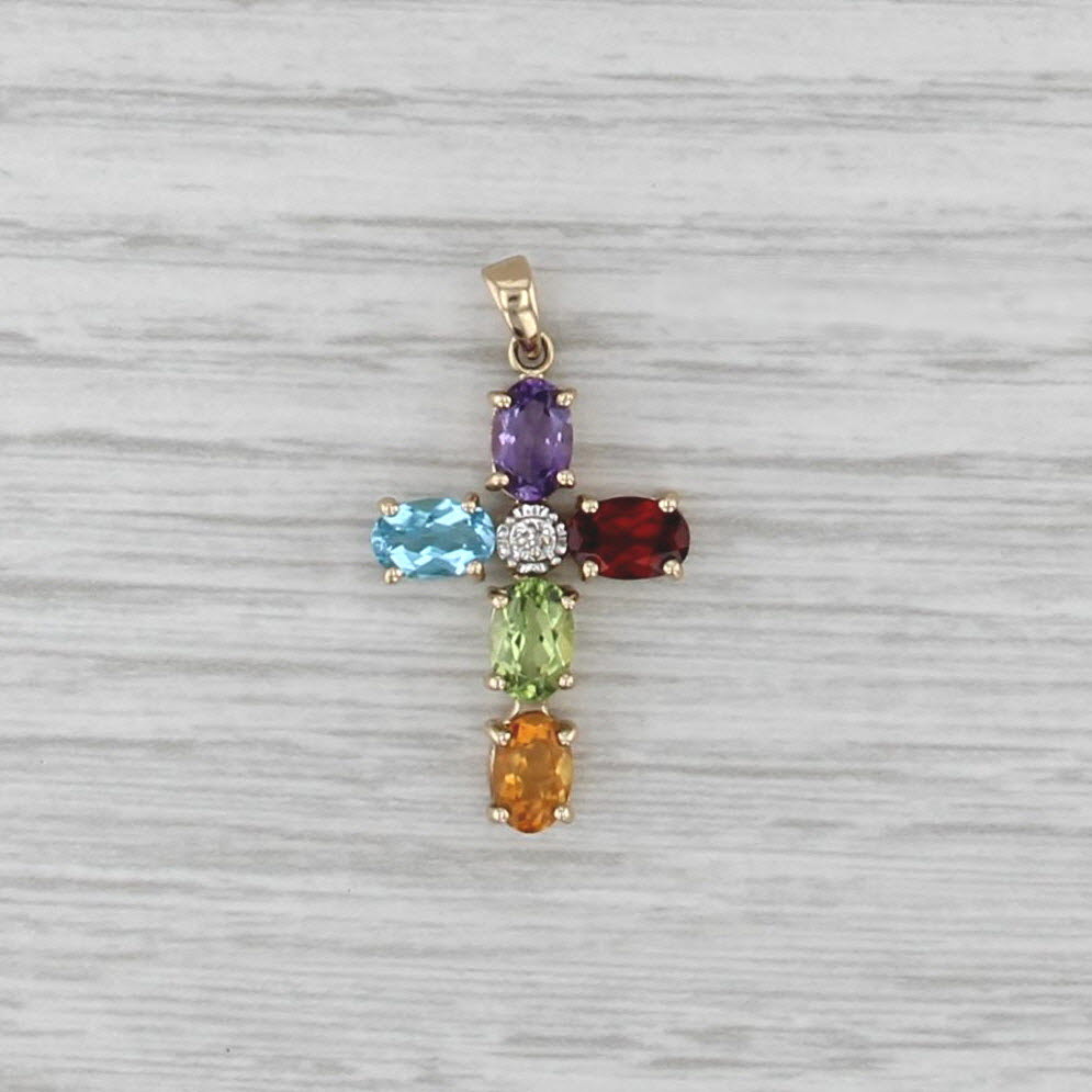 2.38ctw Gemstone Cross Pendant 14k Gold Amethyst Garnet Topaz Peridot Citrine