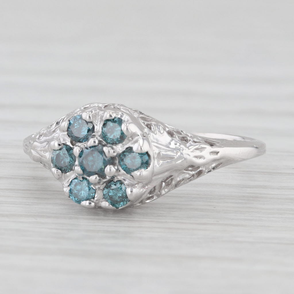 Light Gray 0.25ctw Blue Diamond Cluster Flower Ring 10k White Gold Size 6 Floral Openwork