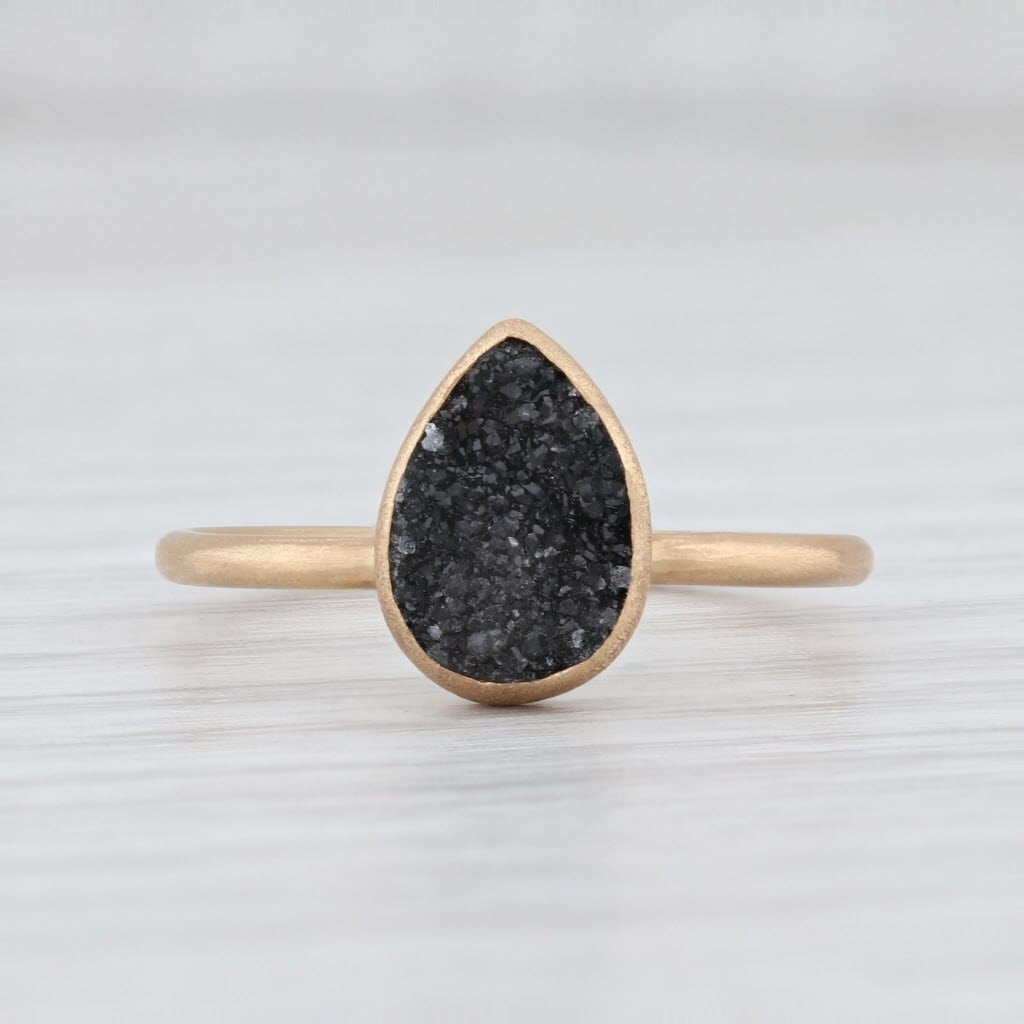 New Nina Wynn Black Druzy Quartz 18k Yellow Gold Size 7 Teardrop