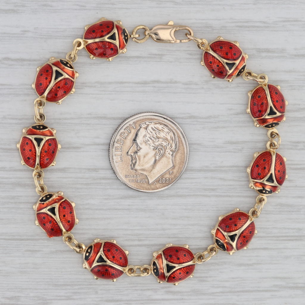 Gray Ladybug Bracelet 14k Yellow Gold Enamel Italian Good Luck 6.75"