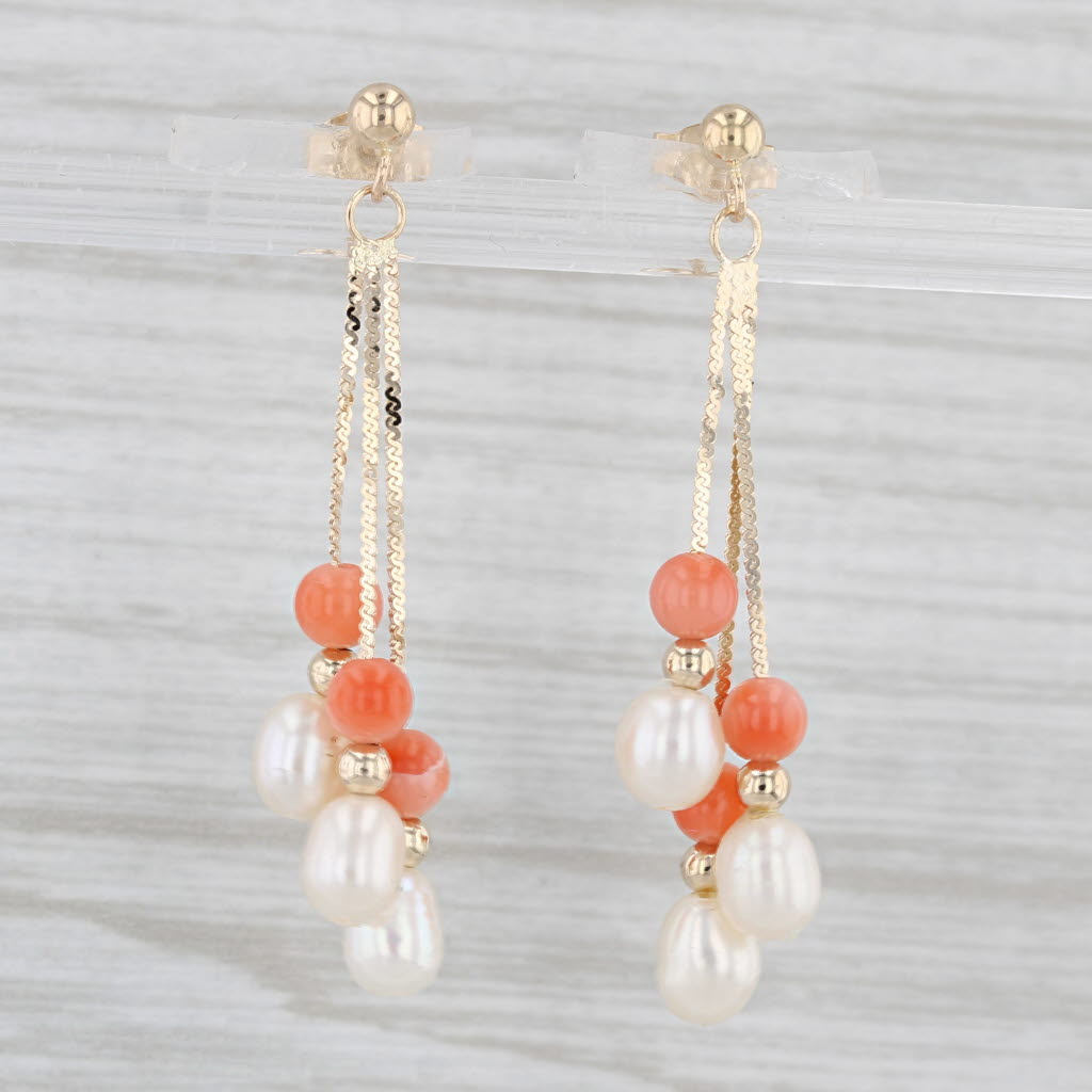 Light Gray Vintage Orange Coral Cultured Pearl Dangle Earrings 14k Yellow Gold Bead Drops