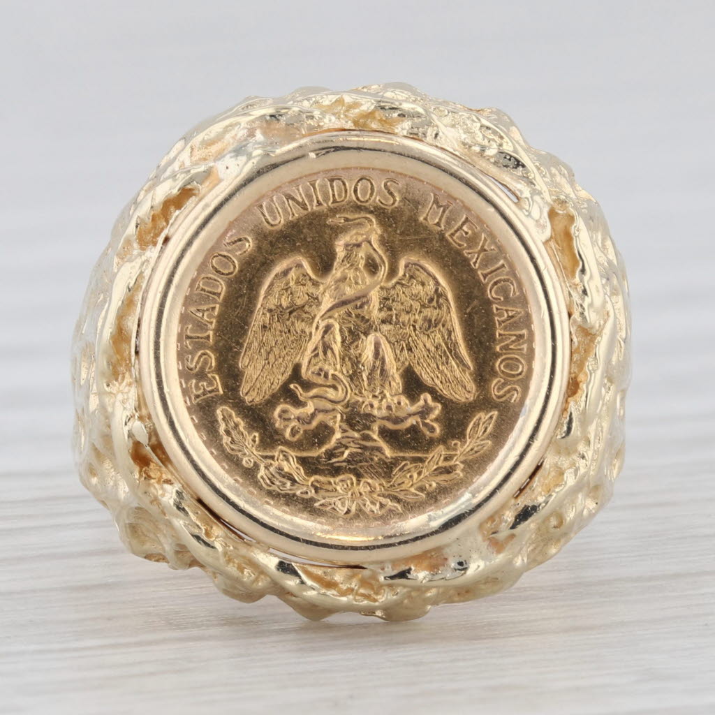 Light Gray 1945 Dos Pesos Coin Ring 14k 900 Yellow Gold Nugget Size 7.5 Mexico