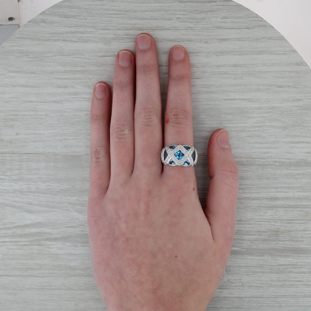 3.19ctw Blue Topaz Diamond Lattice Work Ring 10k White Gold Size 8 Cocktail