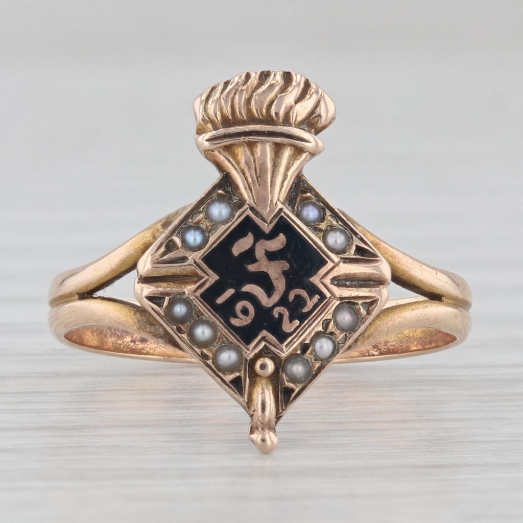 Gray Antique 1922 Art Deco Class Ring 10k Yellow Gold Pearls Enamel Torch Signet