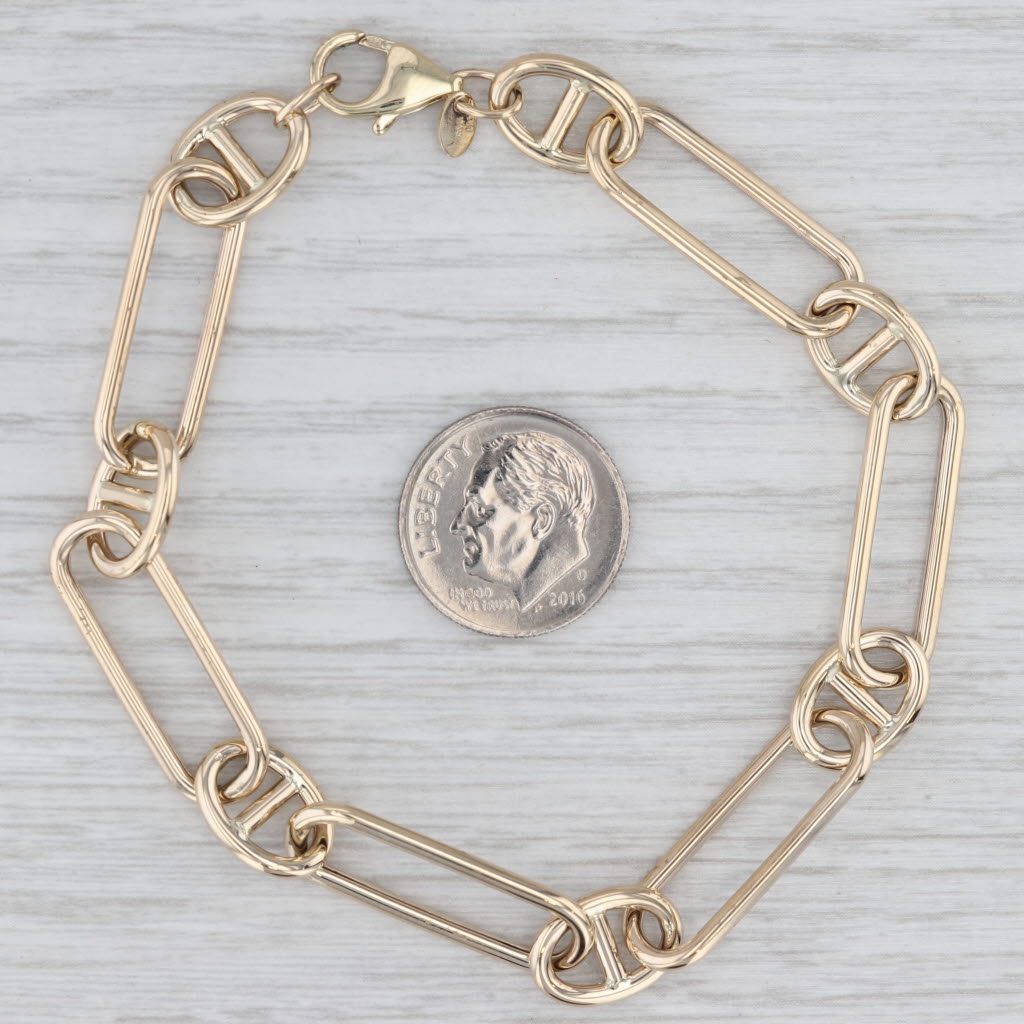 Gray Elongated Cable Mariner Chain Bracelet 14k Yellow Gold 7.5" 8.8mm