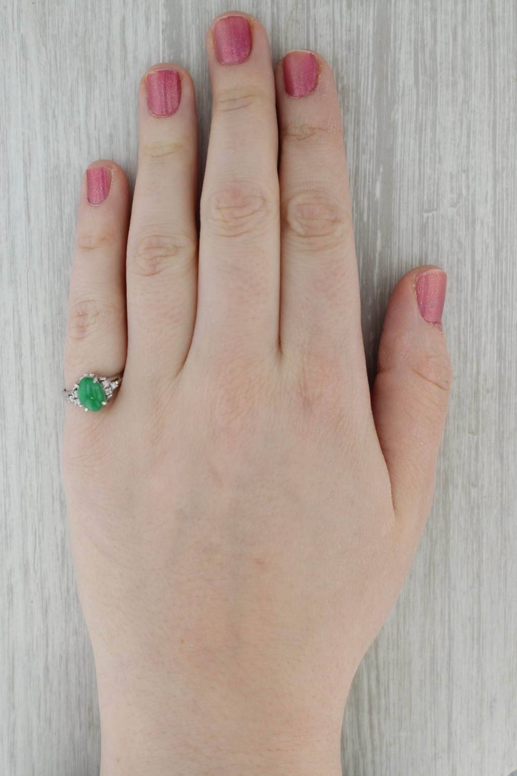 Dark Gray Green Oval Cabochon Jadeite Jade Diamond Ring 900 Platinum Size 7.5