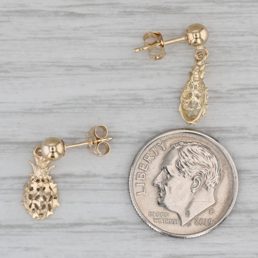 Gray Pineapple Dangle Earrings 14k Yellow Gold Small Drops Ornate Openwork