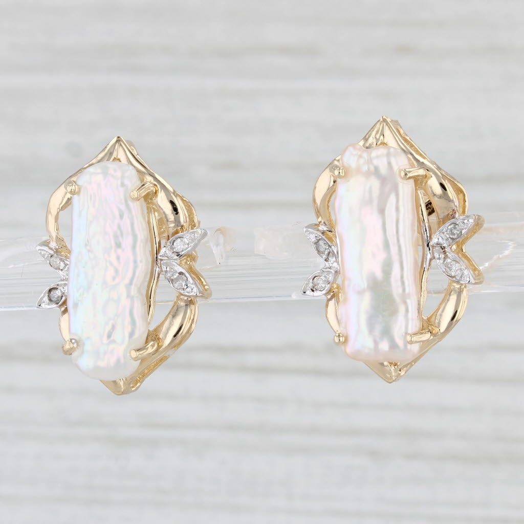 Light Gray Keshi Pearl Diamond Stud Earrings 14k Yellow Gold