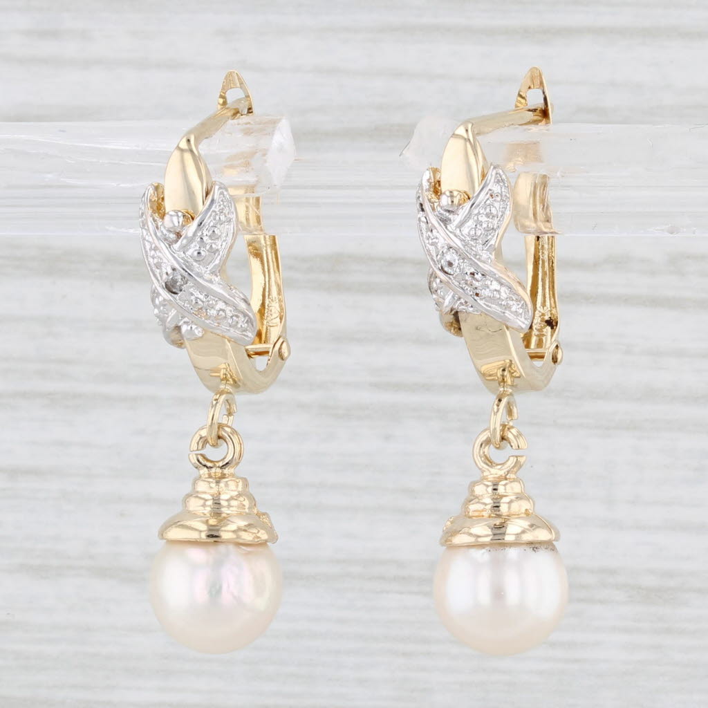 Light Gray Cultured Pearl Diamond Drop Earrings 14k Yellow Gold Snap Top