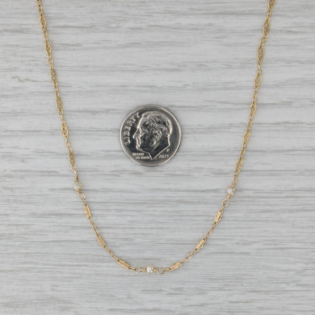 Filigree Link Chain Seed Pearl Station Necklace 14k Yellow Gold 19"