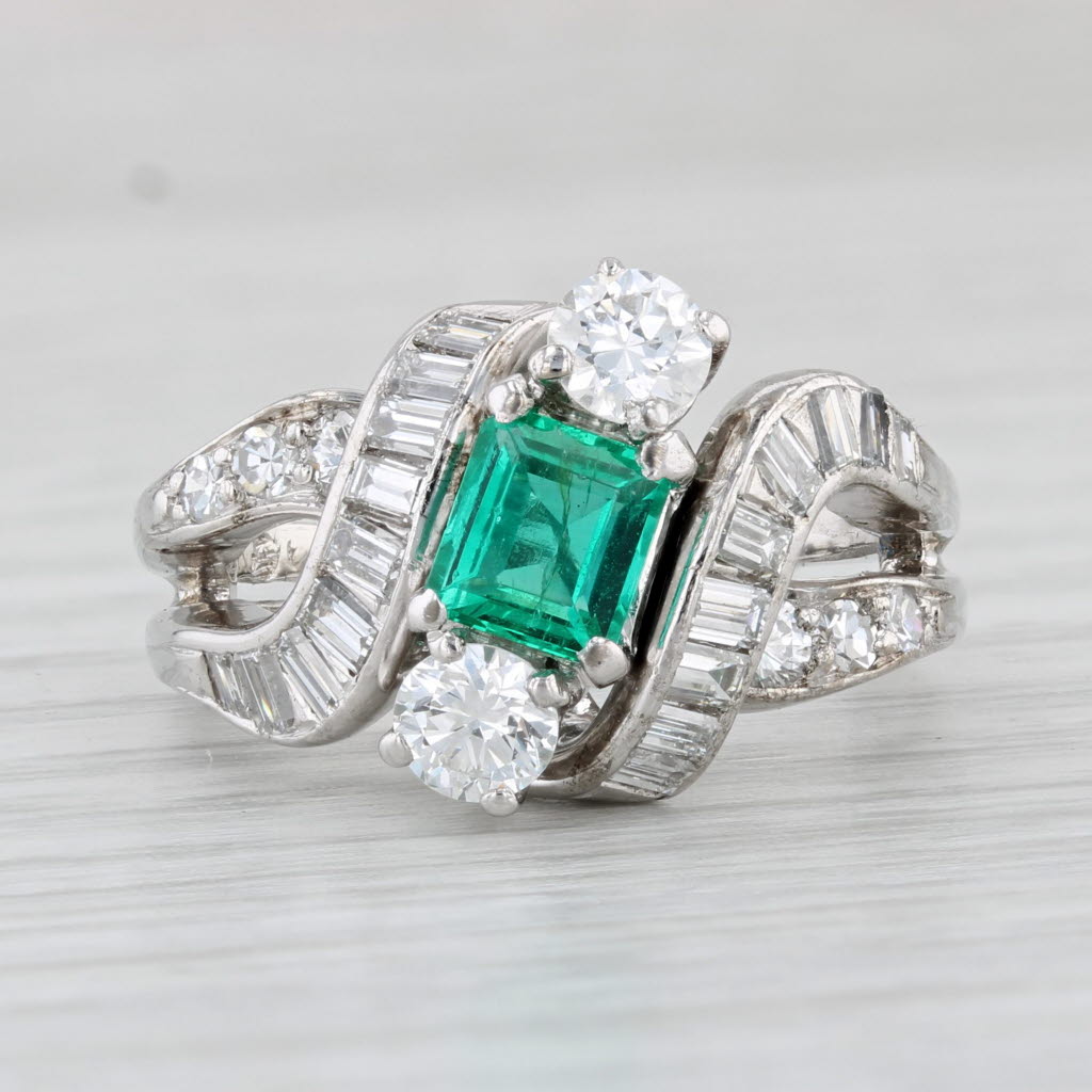 Light Gray Vintage 1.94ctw Emerald Diamond Cocktail Ring 18k White Gold Size 5.75