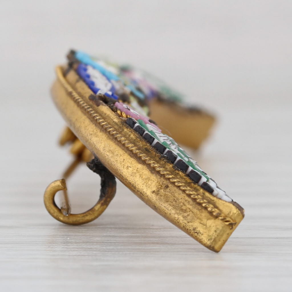 Antique Glass Micro Mosaic Crescent Brooch Gold Filled Pin