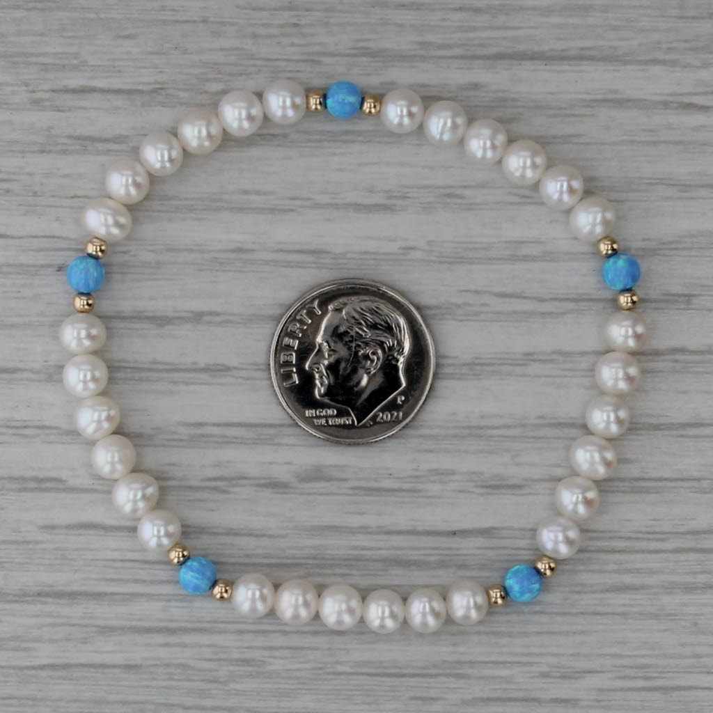 Cultured Pearl Lab Created Opal Bead Bracelet 14k Yellow Gold 7" Stretchy Band