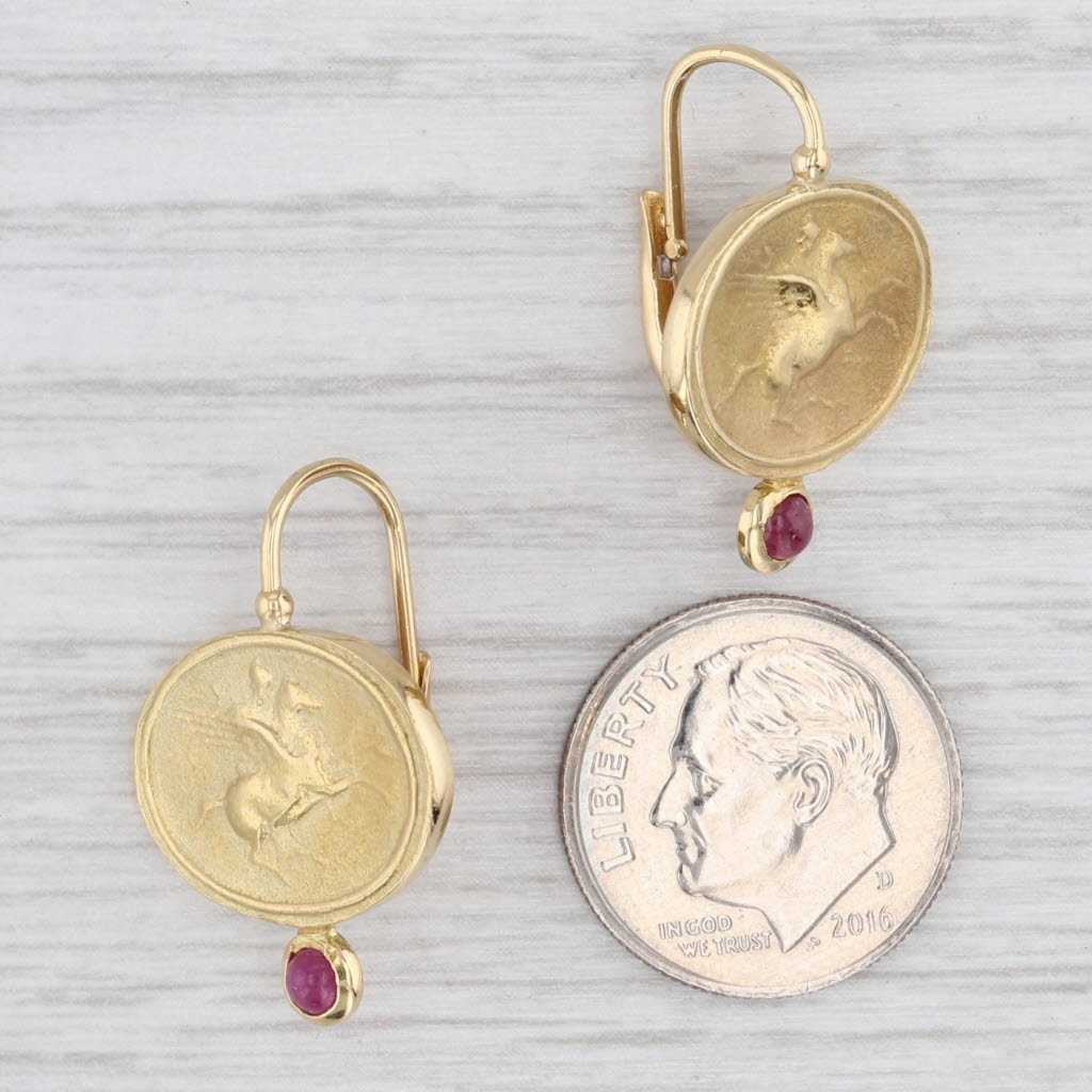 Light Gray Pegasus Ruby Earrings 18k Yellow Gold Lever Back Drops Winged Horse