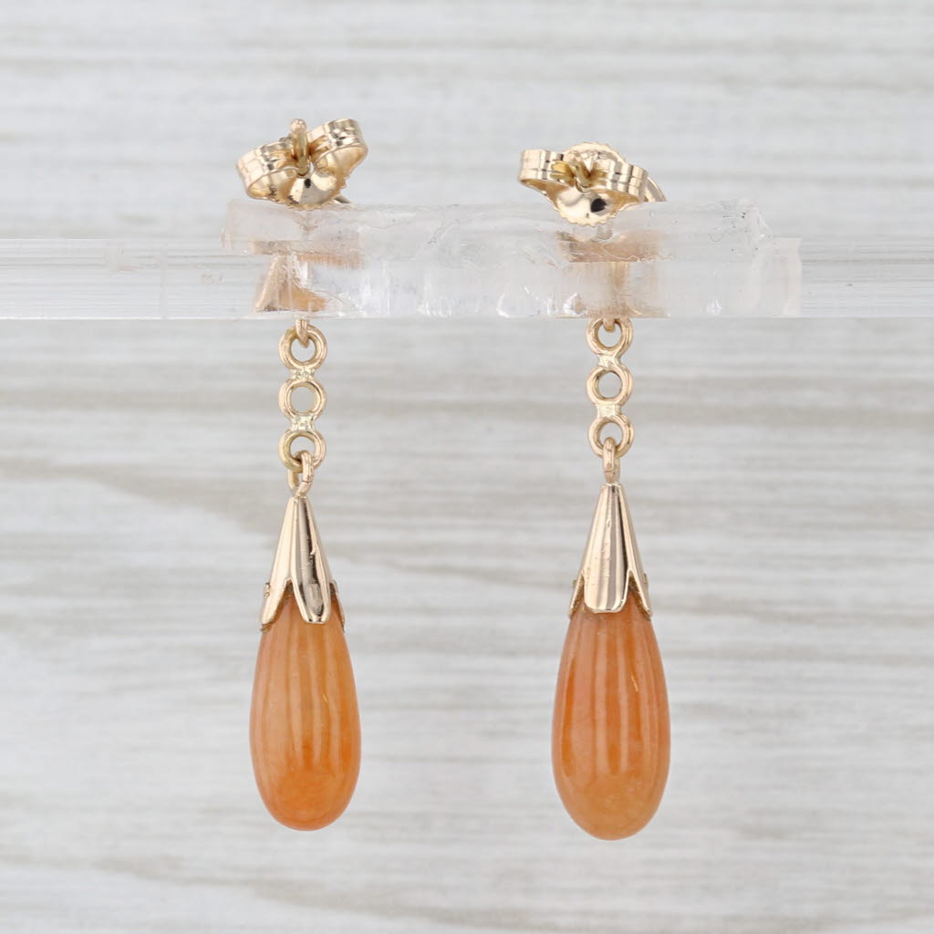 Orange Jadeite Jade Teardrop Earrings 14k Yellow Gold Dangles