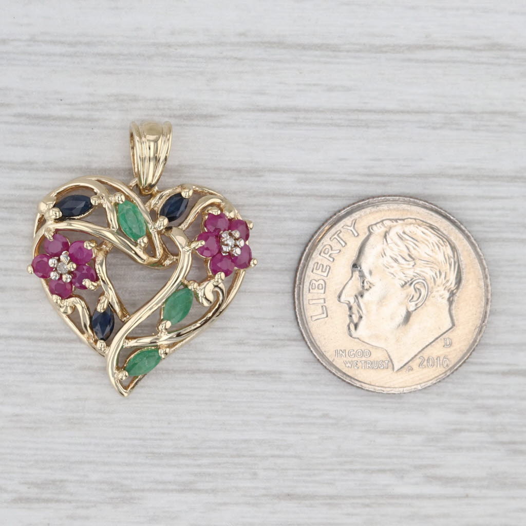1.30ctw Ruby Emerald Sapphire Open Heart Pendant 10k Yellow Gold