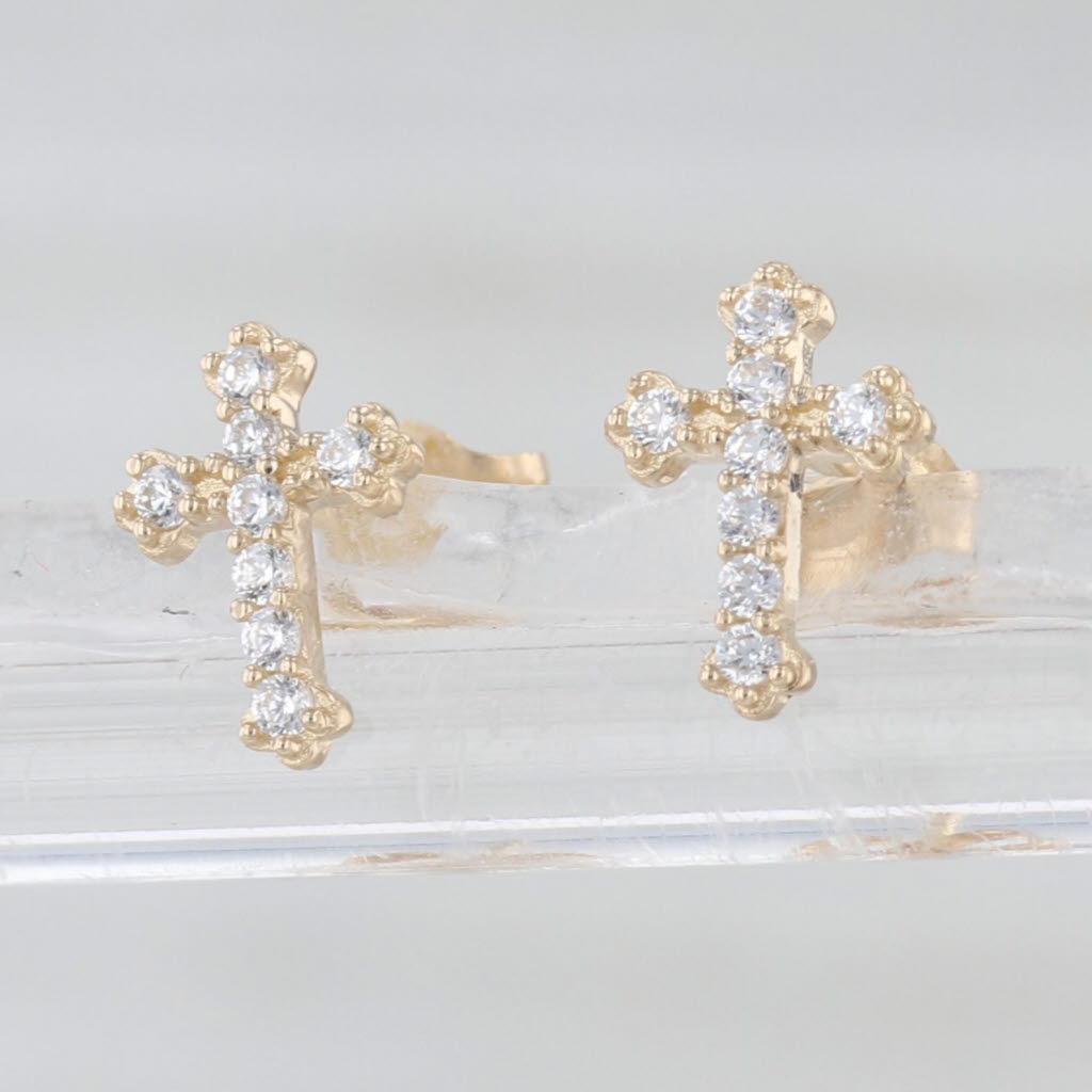 Small Cubic Zirconia Cross Stud Earrings 14k Yellow Gold Studs