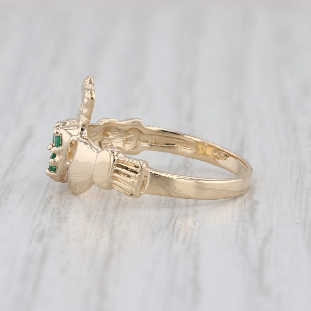0.12ctw Emerald Flower Claddagh Ring 14k Yellow Gold Size 6