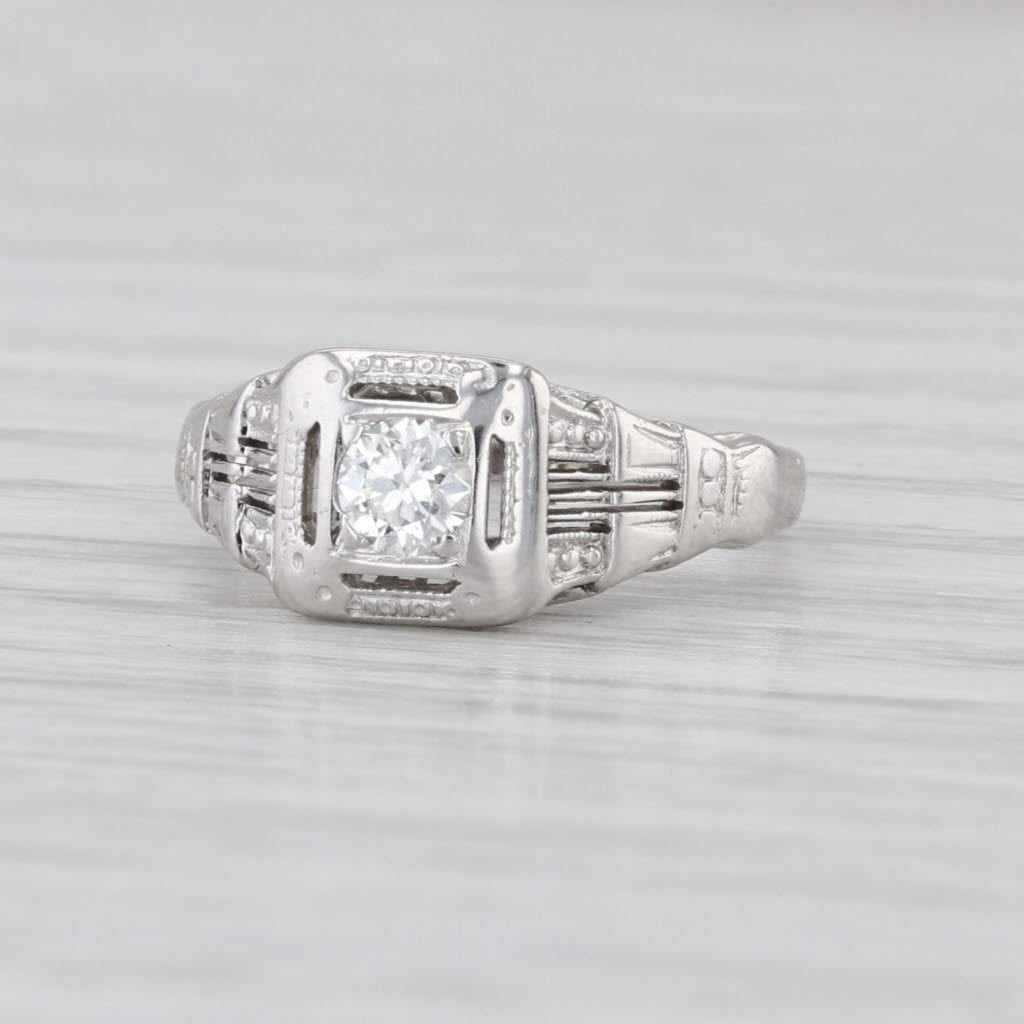 Art Deco 0.15ct Diamond Solitaire Engagement Ring 18k White Gold Filigree Size 2