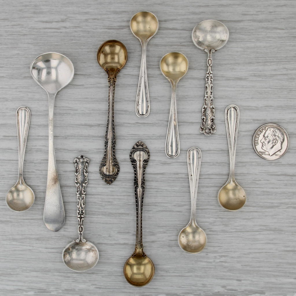 Vintage 10 Salt Spoons Sterling Silver Gorham Mechanics Watson Lunt Gold Wash