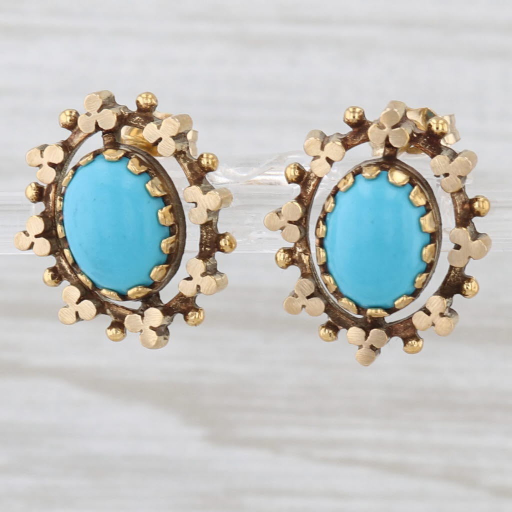 Vintage Imitation Turquoise Resin Stud Earrings 14k Yellow Gold Oval Cabochon