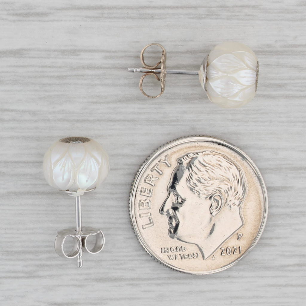 Gray New Cultured Pearl Carved Flower Diamond Stud Earrings 14k White Gold Galatea