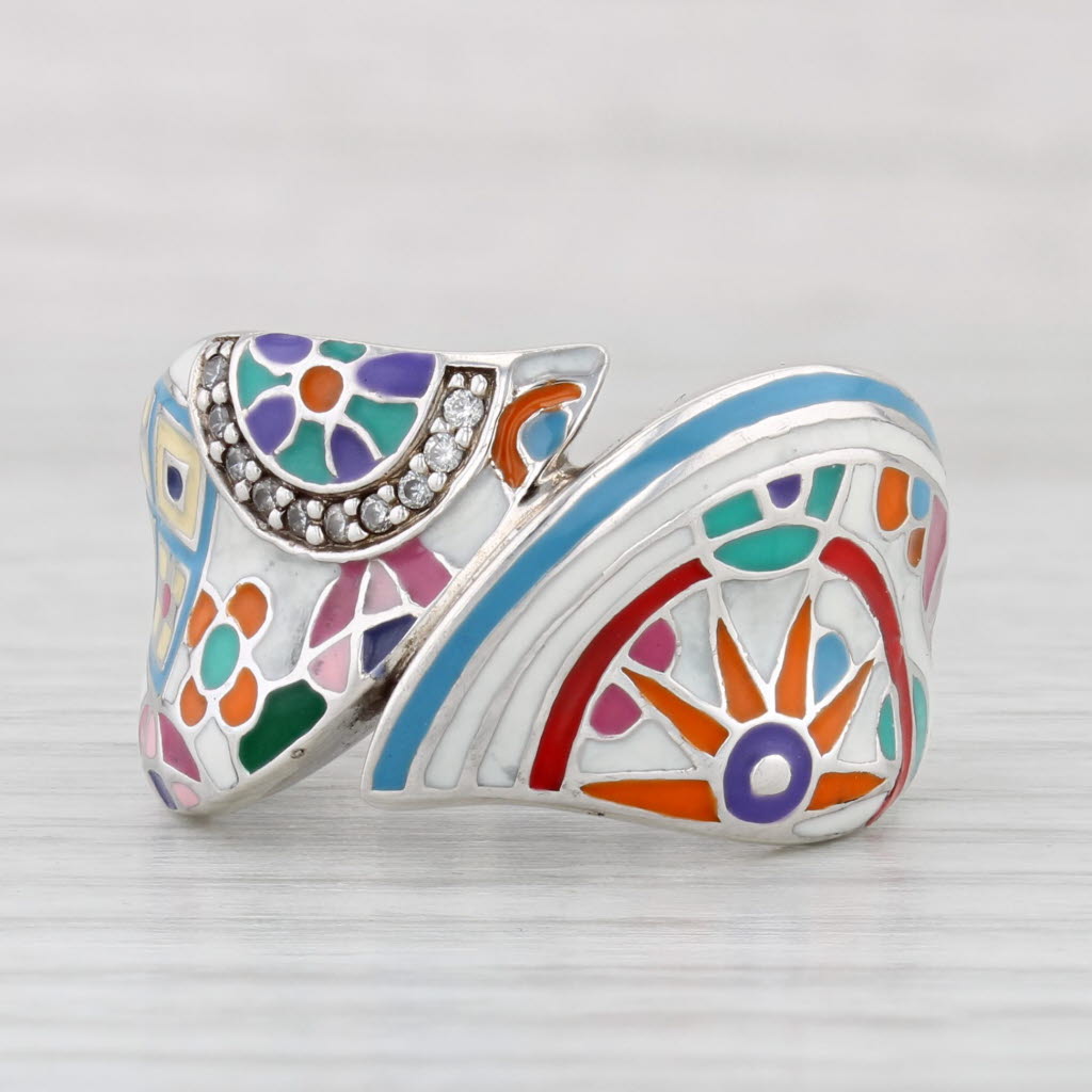 Light Gray Belle Etoile Resin Mosaic Cubic Zirconia Ring Sterling Silver Bypass Statement