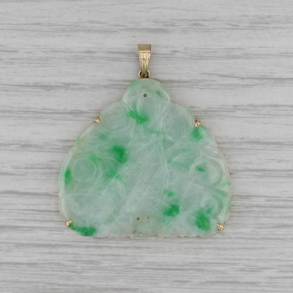 Green Jadeite Jade Carved Large Bag Pendant 14k Gold Insect Jewelry