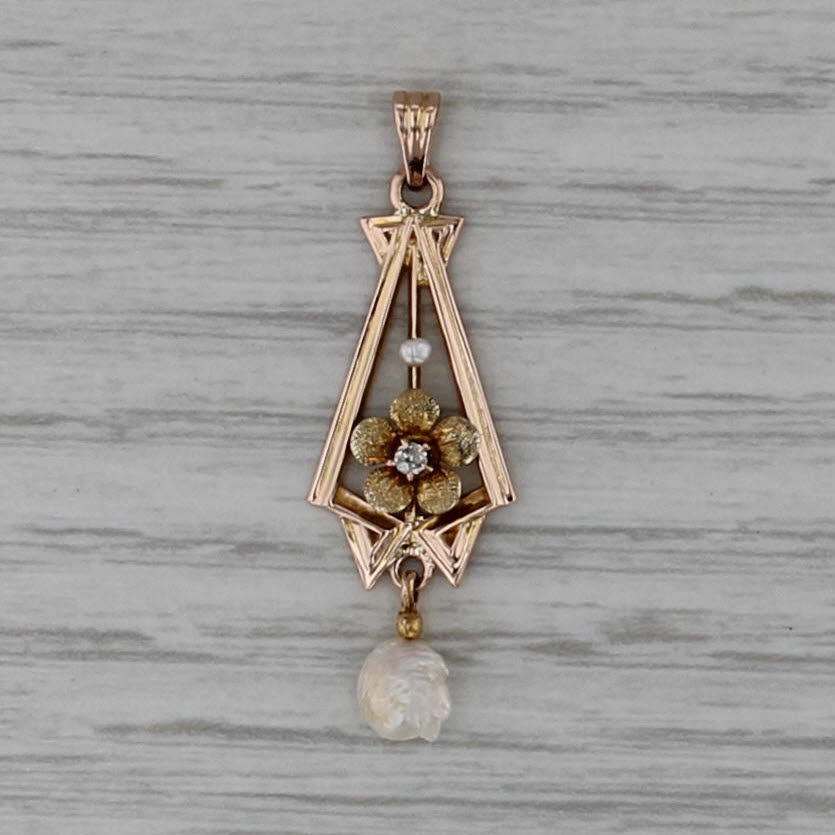 Antique Baroque Pearl Diamond Flower Pendant 10k Yellow Gold Drop